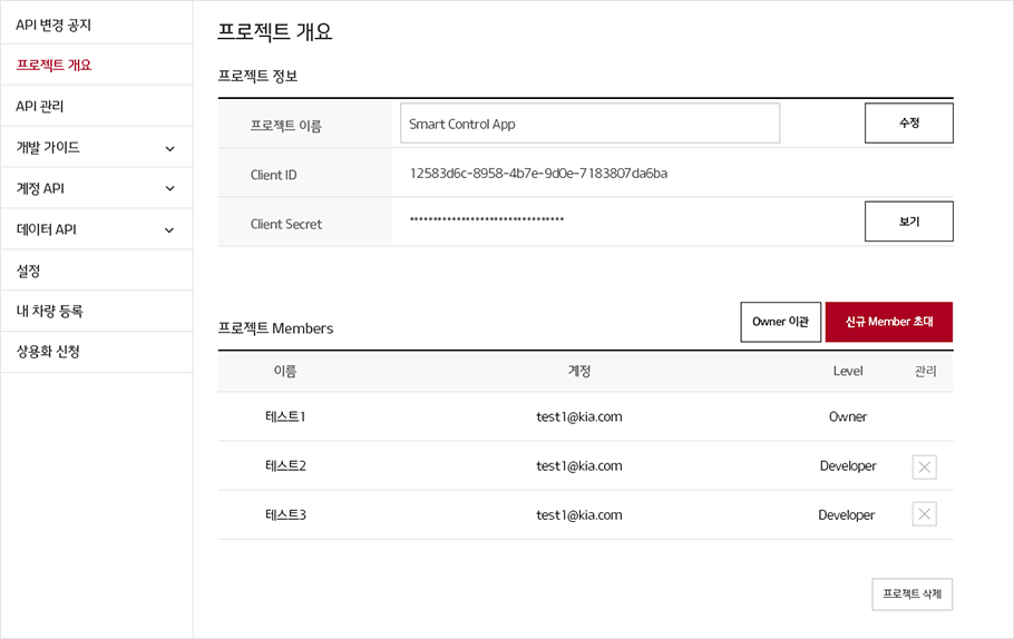 공유 프로젝트에 등록 성공 후 프로젝트 개요 화면에서 프로젝트 멤버가 표시되고 있는 화면