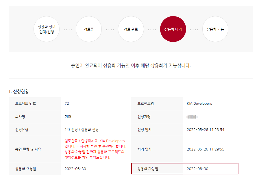상용화 신청 개요 화면에서 검토가 완료되었음을 안내해주는 화면